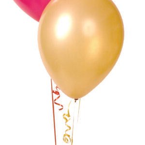 A arrangement of three 11 inch latex balloons . Mirror Gold and Fuchsia Pink .